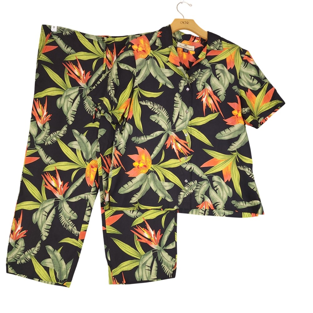 Tommy Bahama Silk Tropical Floral Button Up Shirt & Pants Set Women L